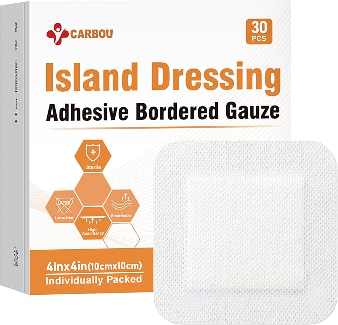 [4''x4''-30count] Carbou Island Dressing Bordered Gauze Sterile Individually Wrapped Gauze Pads,Highly Absorbent Adhesive Dressing Pad,Soft and Breathable Wound Dressing for Wound Care