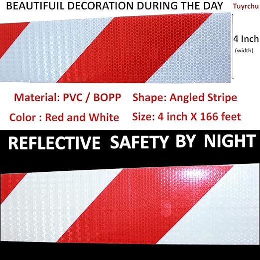 Reflective Tape Red and White 4 inch X 166 feet, Outdoor Waterproof Hazard Conspicuity Safety Industrial Marking Tape