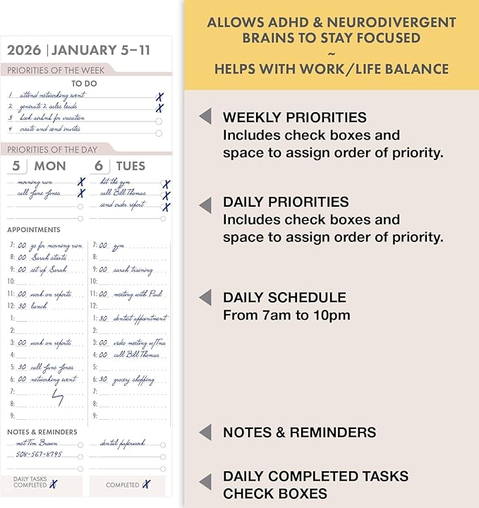 Essential PRO 2026 Daily, Weekly & Monthly Planner, 7"x9": 14 Months (Nov 2025 - Dec 2026) Monthly Tabs,Daily Tracking,Notes Pages,Storage Pocket,Bookmark w Sticky Notes (Teal Floral)