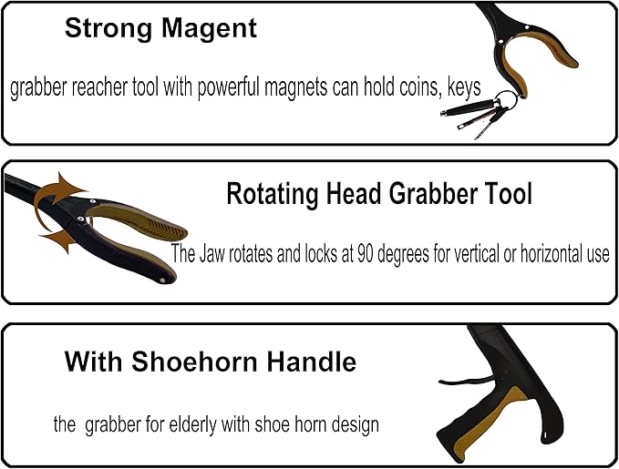 2Pack 32 inch GrabRunner Folding Reacher Grabber Tool with Strong Magnetic and Swivel Head &Shoehorn (Gold Gold)