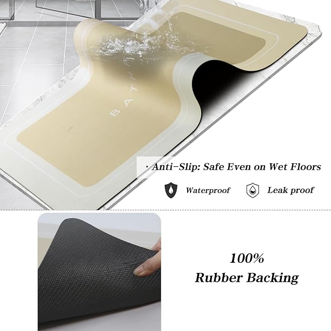 Bath Mat, Bathroom Mat Rugs Super Absorbent Shower Mats Non Slip Quick Dry Thin Rubber Mats for Bathroom Floor Fit Under Door, Shower Rug for Bathtub, Shower, Beige