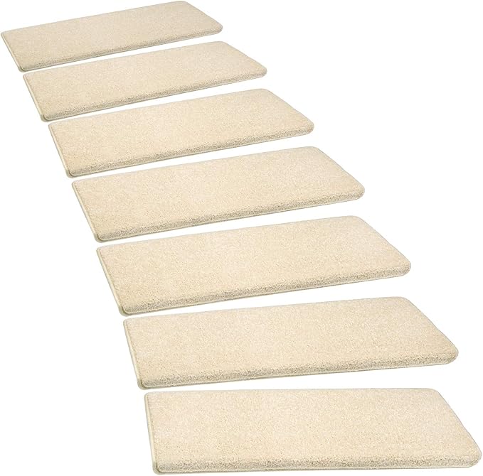 PURE ERA Bullnose Carpet Stair Treads Set Tape Free Non-Slip Indoor Stair Protectors Pet Friendly Rugs Covers Soft Skid Resistant Washable Reusable 9.5" x 30"(7 Pieces,Light Beige)