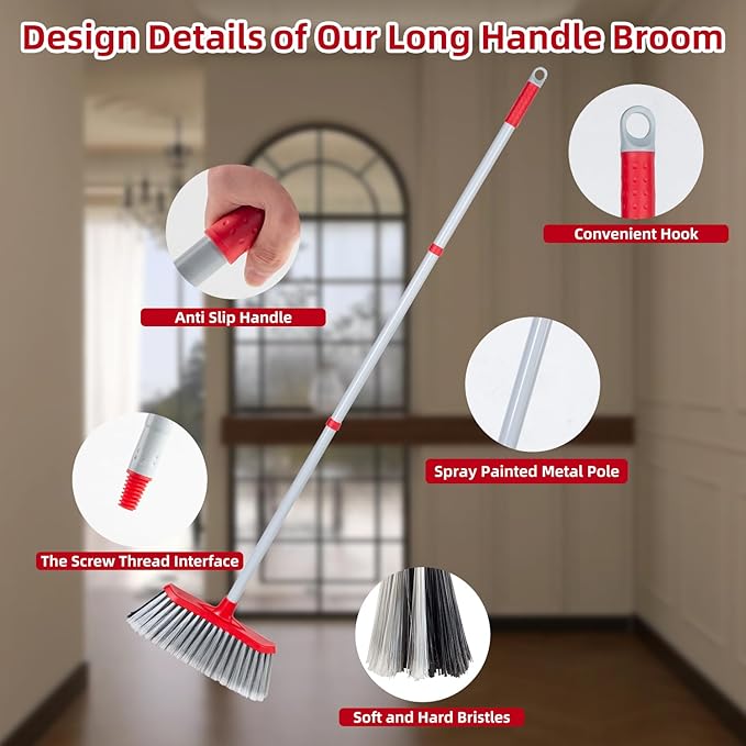 SDSM Indoor Outdoor Broom, Unique Double-Sided Bristles Long Handle Heavy Duty Broom Perfect for Home and Courtyard Garage Lobby Mall Market Floor Home Kitchen Room Office Pet Hair Rubbish 51 Inch