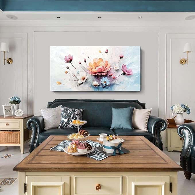 amatop Oversized Floral Canvas Wall Art, Large Modern Abstract Pink White Blue Botanical Print – Elegant Nature Wall Decor for Living Room, Bedroom, Office & Hallway (58x29 inch)