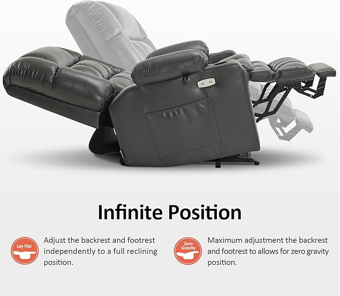 MCombo Dual Motor Power Lift Recliner Chair for Elderly, Lay Flat Lift Chair with Heat and Massage, Petite Wide Lift Chair, Cup Holders, USB A&C Ports, Faux Leather R7894 (Grey, Small-Wide)