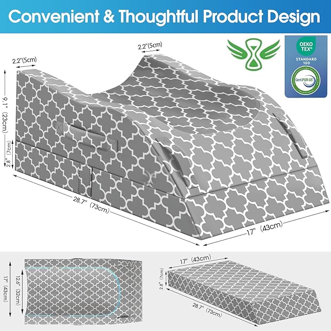 CloudBliss Adjustable Leg Elevation Pillow After Surgery, Memory Foam Wedge Pillow for Blood Circulation & Swelling, Leg Elevating Pillows for Back Knee Hip Ankles Pain, Rest(Grey, Double)