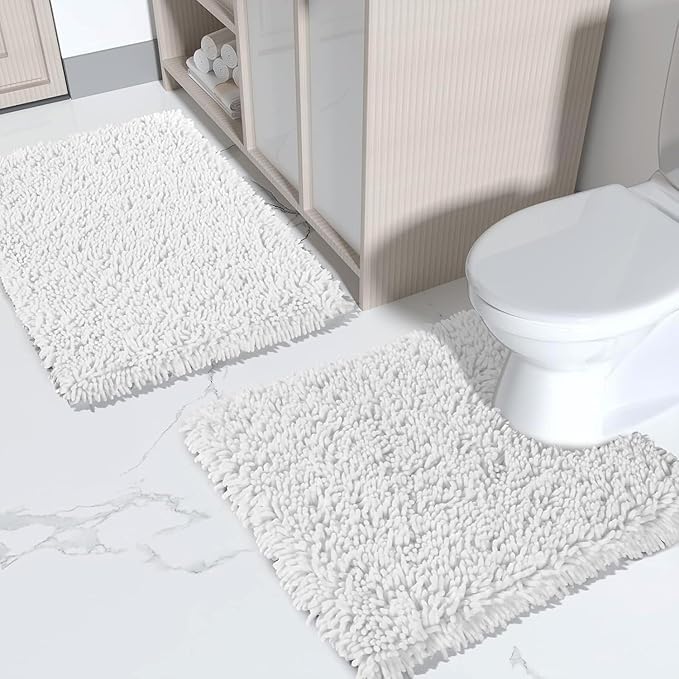 Yimobra Bathroom Rugs Sets 2 Piece, Soft Absorbent Bath Mat and U-Shaped Toilet Rug with Non Slip Backing, Luxury Shaggy Bath Mats for Bathroom, Machine Washable, 24"x17"+24"x20", White