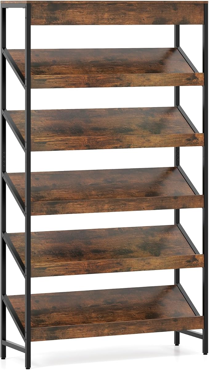 Tangkula 6-Tier Bookshelf, Tall Freestanding Bookcase with Angled Shelves, Industrial Display Rack Storage Organizer with Metal Frame & Anti-Tip Kits for Home Office Living Room (2, Rustic Brown)