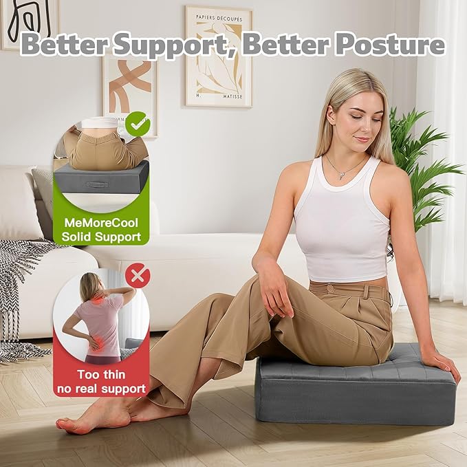 MeMoreCool Square Floor Pillows for Adults Kids, 2 Sets Large Meditation Cushion with 5" Thick Foam and Washable Tufted Cover, 22 Inch Grey Seat Floor Cushions for Sitting and Yoga