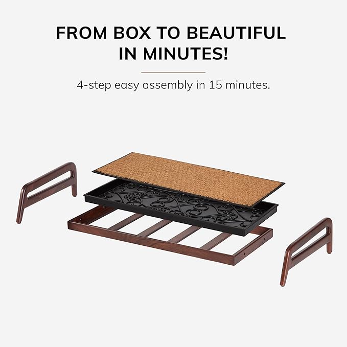 Anji Mountain Heavy Duty Waterproof Wooden Shoe Storage Mat Organizer/Boot Storage Tray Multi Use for Entryway with Coir, Tan and Black Tribal Insert, 1 Tier, Fits 3 Pair (36.5" Wide)