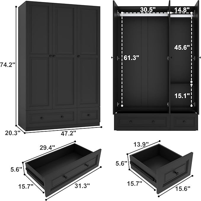 Armoire Wardrobe Closet with Drawers: 74" Black Tall Wooden Wardrobe Closet for Hanging Clothes, Large Bedroom Armoires with 2 Drawers, 3 Door Armoire Storage Cabinet (Black, 47")