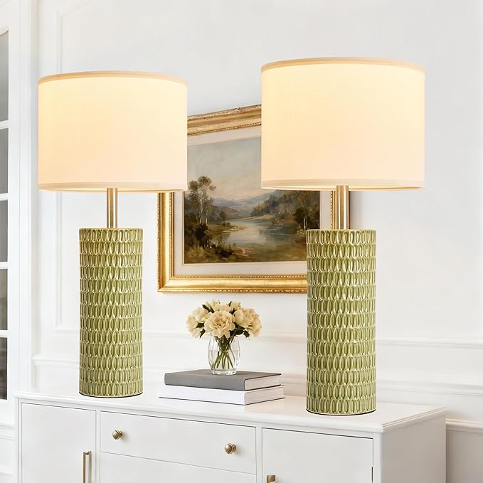 26.5" Ceramic Table Lamp, Table Lamp for Living Room, Green Lamp for Bedroom, Night Stand Lamps, Modern Bedside Lamp Set of 2, End Table Lamps, Green