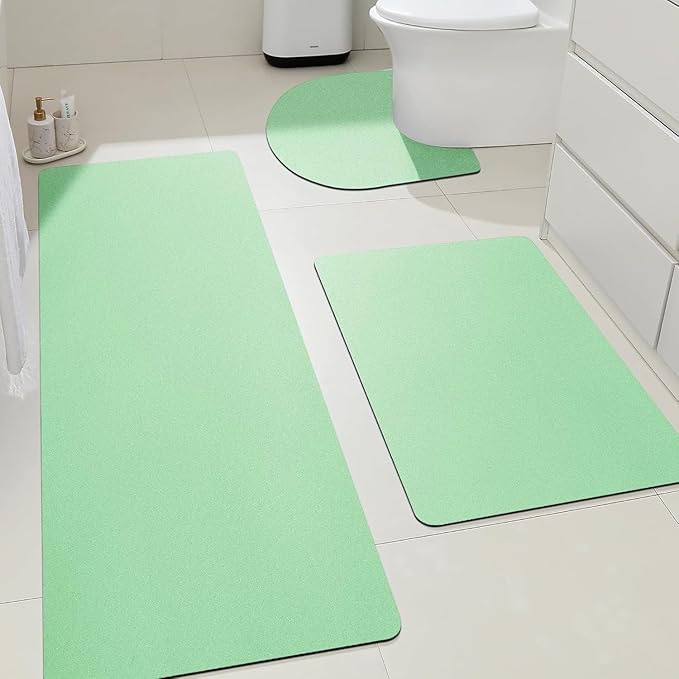 Ultra Thin Bath Mat, Upgrade Backing Non Slip Thin Bath Mats Fit Under Door, Quick Dry Ultra Absorbent Bathroom Rugs, Machine Washable Bath Rugs for Bathroom, Bathtub, Light Green/Solid/3 Piece