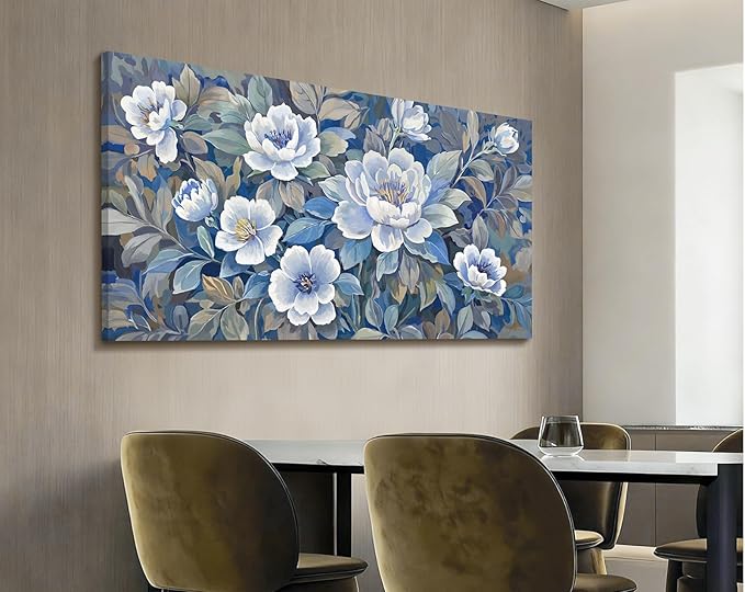 amatop Large Wall Art Abstract Floral Canvas Wall Decor Blue White And Gray Picture Natural Botanical Artwork For Living Room Bedroom Office Dining Room Hallway 48X24