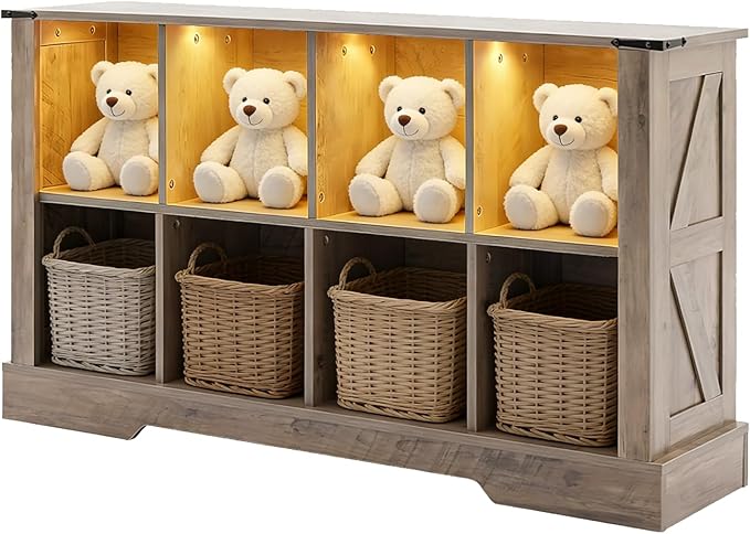 8 Cube Bookcase, Wooden Cube Storage Organizer Shelf, Grey Horizontal Book Shelf with LED Lights, Freestanding Display Cabinet for Living Room, Hallway TV Stand for Entryway