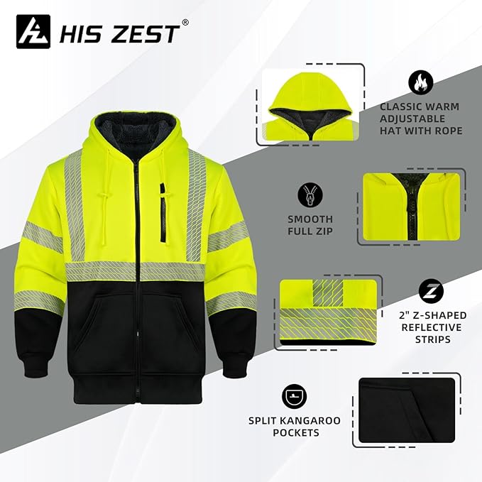 Hi Vis Hoodie Reflective Safety Jacket for Men,Class 3 High Visibility Sweatshirt Zipper for Work Construction