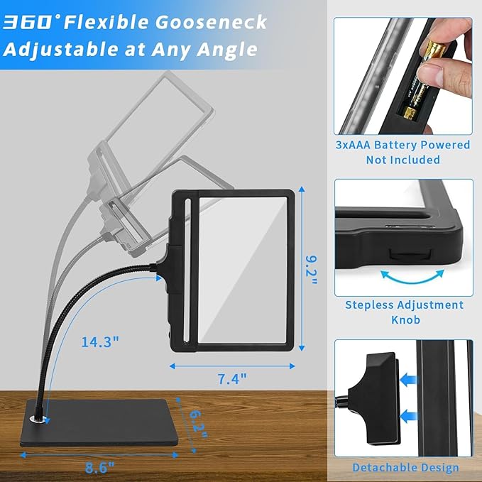 5X Large Magnifying Glass with 42 LED Light and Stand, Flexible Gooseneck Magnifying Desk Lamp,2-in-1 Adjustable Brightness Detachable Page Magnifier for Reading,Crafts,Painting,Sewing,Close Work