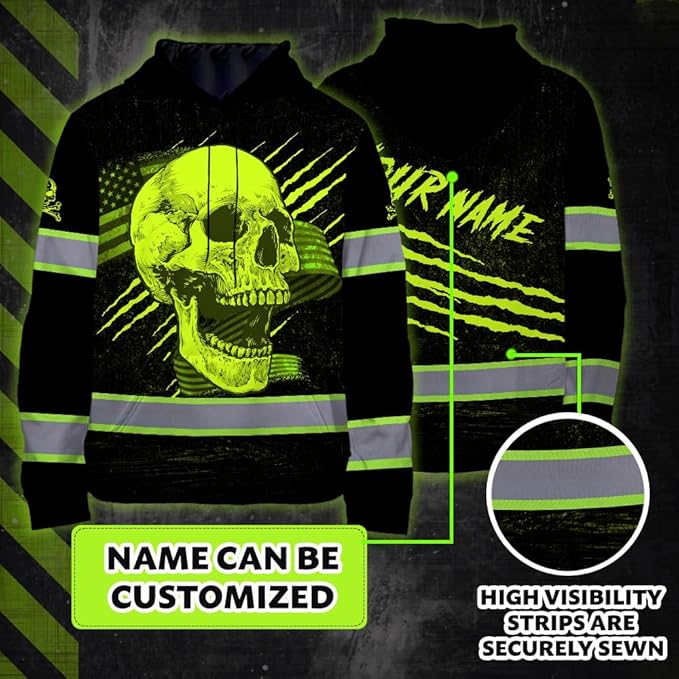 Matedecor Skull US Flag Reflective High Visibility Hoodie For Men Construction Hi Vis Safety Workwear Custom Name