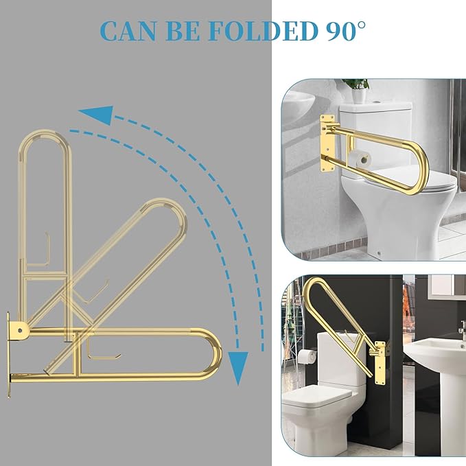 Toilet Grab Bar 22.4 Inch Gold, Munzong Anti-Slip Handicap Grab Bars with Paper Holder, Flip-Up Bathroom Safety Rails, Stainless Steel Knurled Support handrails for Seniors Elderly Disabled Pregnant