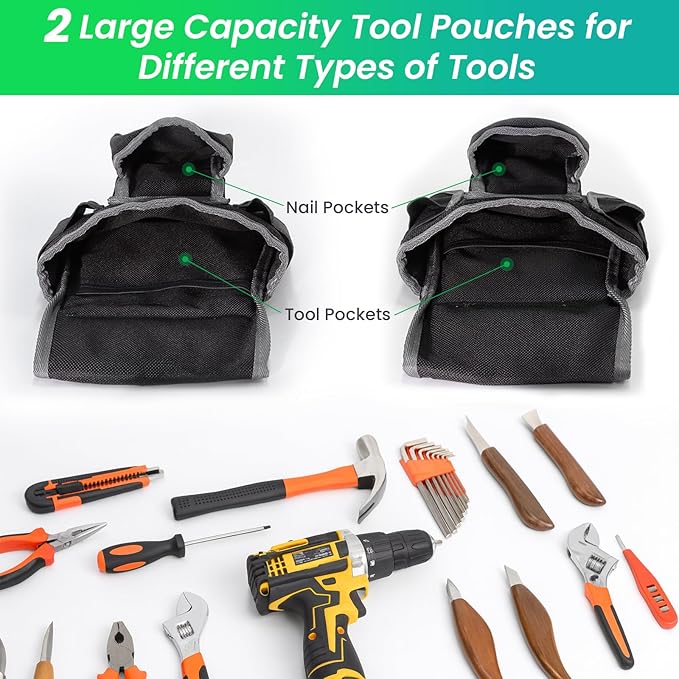 Tool Belt With Suspenders, Heavy Duty Magnetic Tool Belts for Men with 18 Pockets, Tool Belt with Adjustable 32 to 66 Inches Detachable Waist for Electricians, Carpenters, Framers, Black-Grey