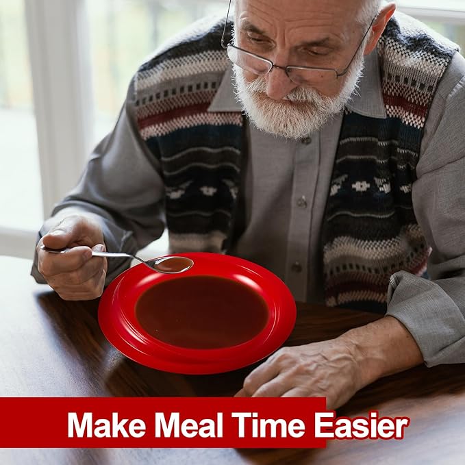 Hushee Adaptive Spill Proof Scoop Bowl and Plate Set with Suction Base Non Skid Self Feed Dinnerware for Elderly Disabled Handicapped from Parkinsons, Dementia, Stroke, Tremor(2 Sets,Red)