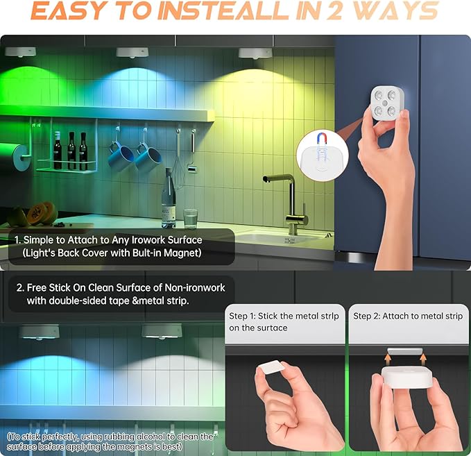 Wireless Step Light Rechargeable Puck Lights with Charging Station, RGB Motion Sensor Puck Light Under Cabinet Lighting with Remote Control, LED Closet Lights for Stair, Kitchen (3 Pcs)