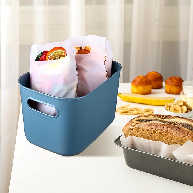 Hoolerry 8 Pieces Colorful Storage Bins with Lid, Plastic Storage Basket Organizing Container Stackable Box with Handle for Shelves Desktop Playroom Office(10.2 x 7 x 6.3 Inch,Blue)