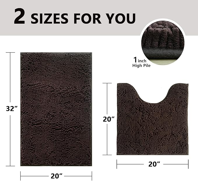 BOANKODU Bathroom Mat Sets 2 Piece, Absorbent Non-Slip Very Soft Chenille Mat, 32x20 Inch + 20x20 Inch U Shape, Machine Washable (Coffee)