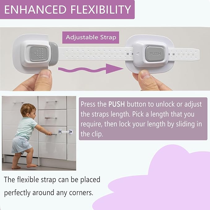No Drill Furniture Anchor, Anti-tip and Adjustable Strap for Baby Proofing, 3M Adhesive Multi-Purpose for Furniture, Secure to Playroom (4 Pack)