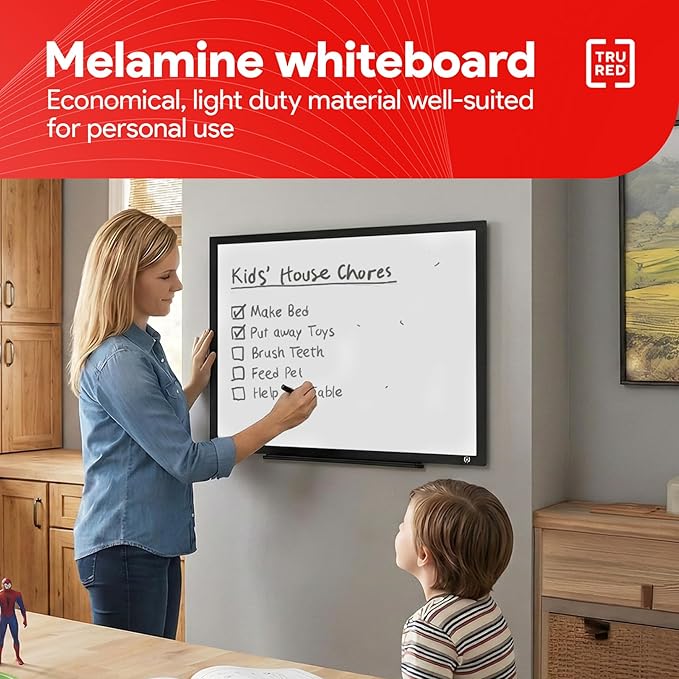 TRU RED Melamine Whiteboard | Dry Erase Board for Wall, White Board with Black Frame, for School, Home and Office, 2 ft x 1.5 ft