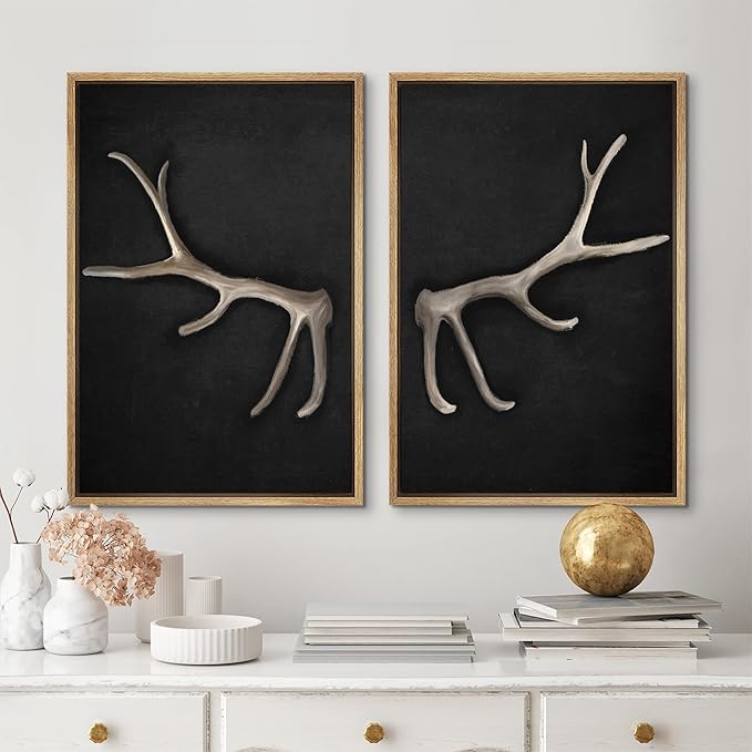 MUDECOR Framed Canvas Print Wall Art Rustic Antler Minimalist Antler Illustrations Modern Art Decorative Bohemian Colorful Chic for Living Room, Bedroom, Office - 16"x24"x2 Natural