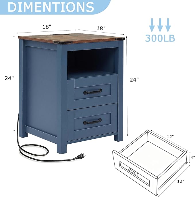 Blue Night Stand, Rustic End Table with Charging Station, Farmhouse Tall Nightstand for Bedroom, Drawer Dresser Bedside Table with Open Storage Shelf