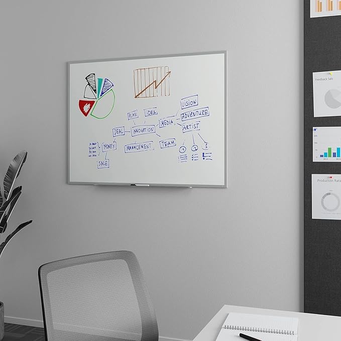 TRU RED Melamine Whiteboard | Dry Erase Board for Wall, White Board with Black Aluminum Frame, 4 ft x 3 ft, 1 Black Marker Included