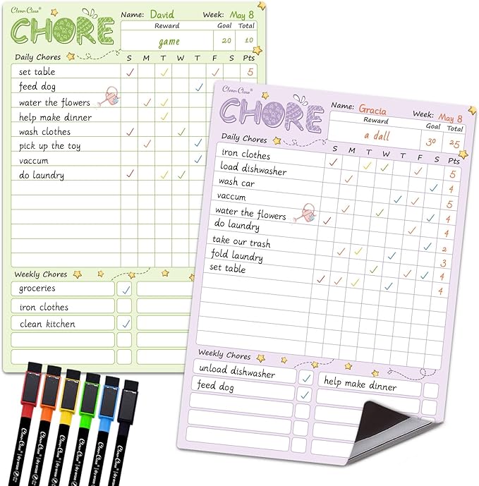 Magnetic Dry Erase Chore Chart - 8.5"x12" Behavior Responsibility Chore Board for Kids, Teenagers - 6 Extra Fine Point Markers Included - Shipped Flat 2 Pcs