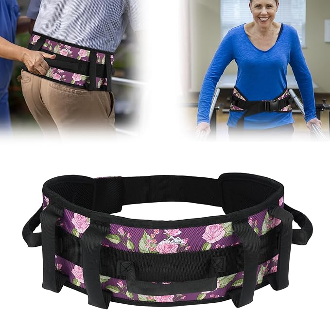 supregear Gait Belt - Anti-Slip Transfer Aid with 7 Handles and Quick-Release Buckle, Perfect for Senior Care, Floral Purple