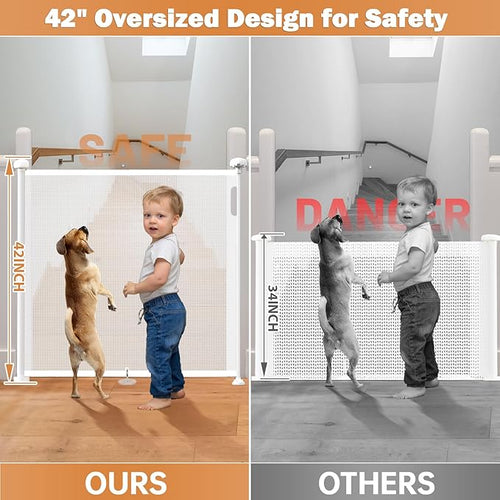 120" Extra Wide Retractable Baby Gates Mesh Gate, Long Retractable Dog Gate for Large Opening, 42" Extra Tall Child Safety Gate Pet Gate with Support Rods for Stairs Hallways Doorways Indoor Outdoor