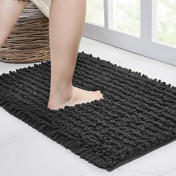 Walensee Bathroom Rug Non Slip Bath Mat (32x20 Inch Dark Grey) Water Absorbent Super Soft Shaggy Chenille Machine Washable Dry Extra Thick Perfect Absorbant Best Large Plush Carpet for Shower Floor