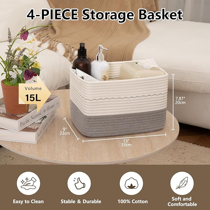 4 Pack Storage Baskets for Organizing, 13"X9"X7.87", Decorative Cotton Rope Baskets with Wave-Patterned Embroidery for Shelves, Small Woven Basket for Toys, Books and Towels, Grey & White