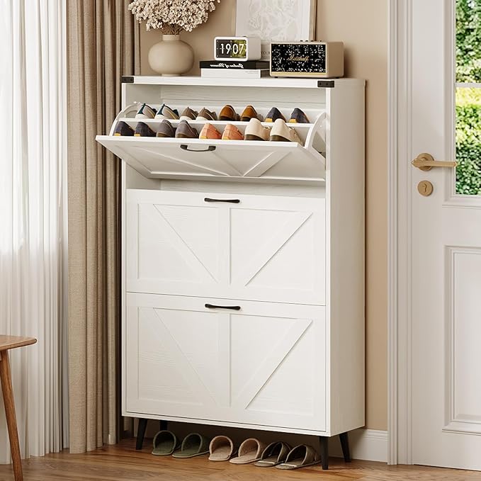 Shoe Cabinet with 3 Flip Drawers,Farmhouse Shoe Organizer Cabinet with Legs for Entryway,Narrow Slim Freestanding Rack Cabinet for Foyer,Hallway,White