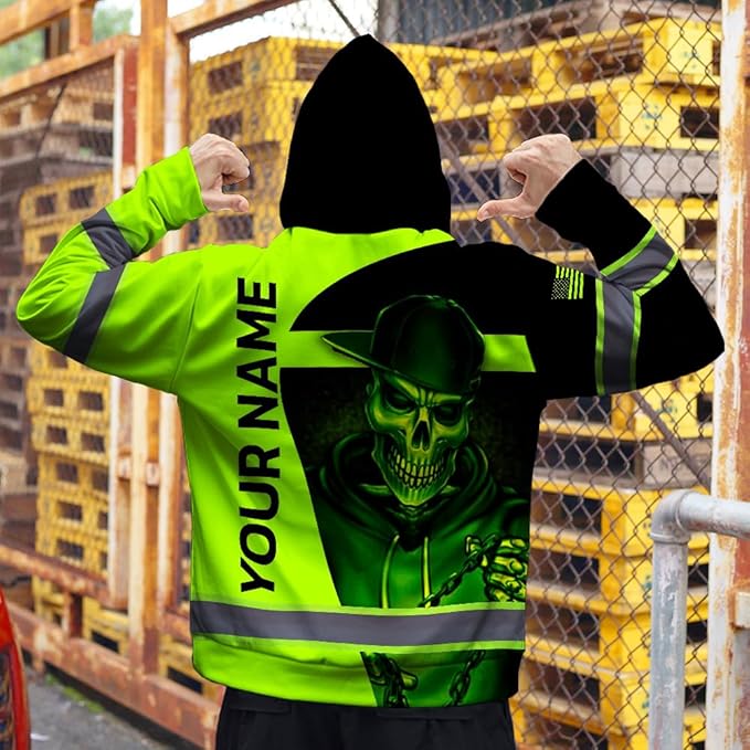 Maddly Hi Vis Reflective Zip Up Hoodie, High Visibility Safety Jacket with Skull Design for runner, worker, trucker, cyclist