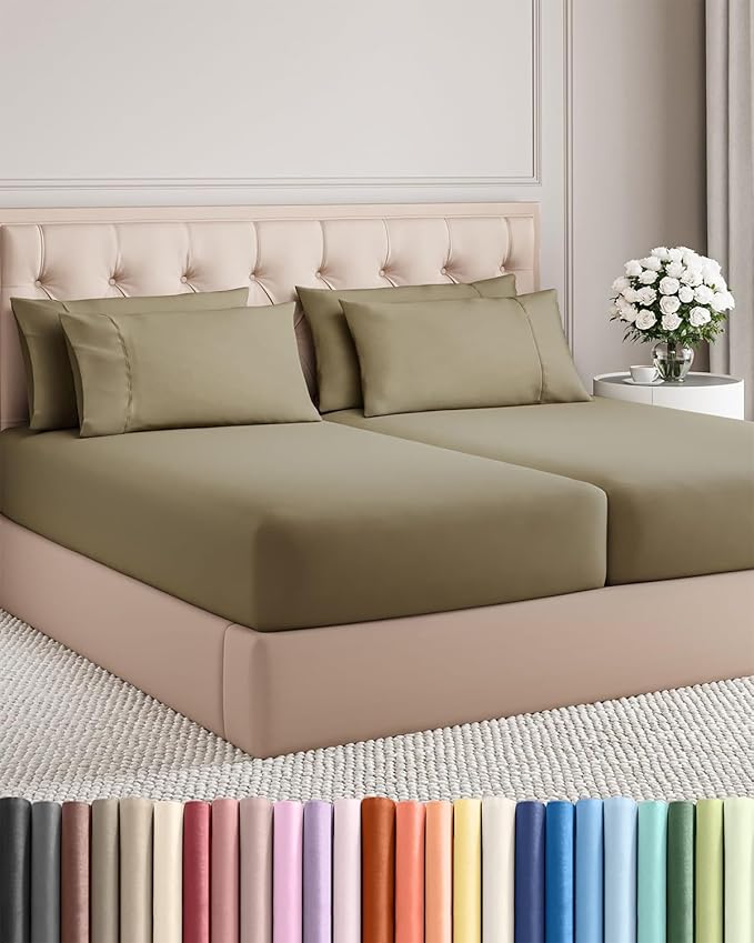 Split King 7 Piece Sheet Set - Cooling & Breathable Bed Sheets - Hotel Luxury Bed Sheets for Women, Men, Kids & Teens - Deep Pocket Bedding w/Easy Fit - Soft & Wrinkle Free - Split King Khaki Sheets