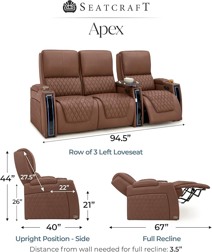 Seatcraft Apex Zero-Gravity CoolZero Italian Leather Home Theater Seating, Powered Headrest, Powered Lumbar, Powered Recline, Row of 3 Left Loveseat, Tobacco