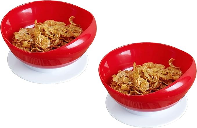 pekokavo Spill Proof 5.8" Scoop Bowl with Non-Skid Suction Base, Adaptive Self-Feeding Dinnerware for Elderly Disabled, Pack of 2 (Red Bowls)