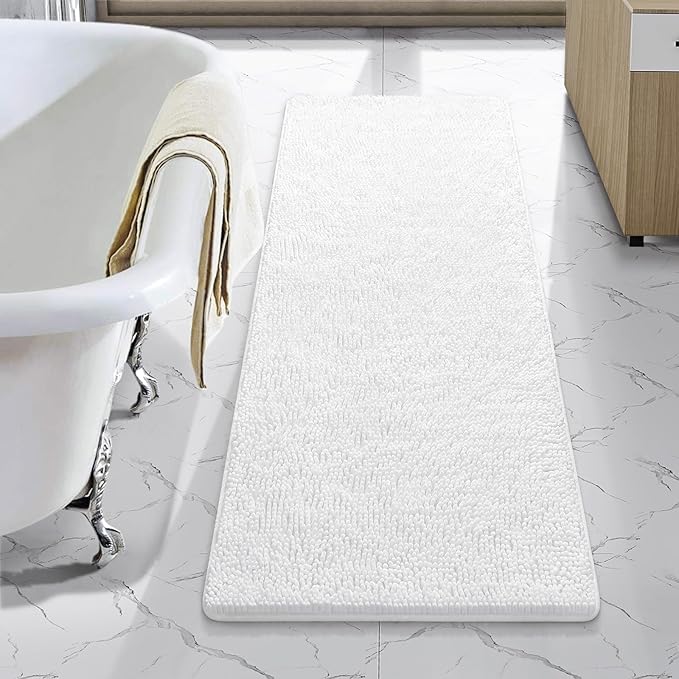 LOCHAS Luxury Bathroom Rug Shaggy Bath Mat 48 x 17 Inch, Washable Non Slip Bath Rugs for Bathroom Shower, Soft Plush Chenille Absorbent Carpets Mats, White