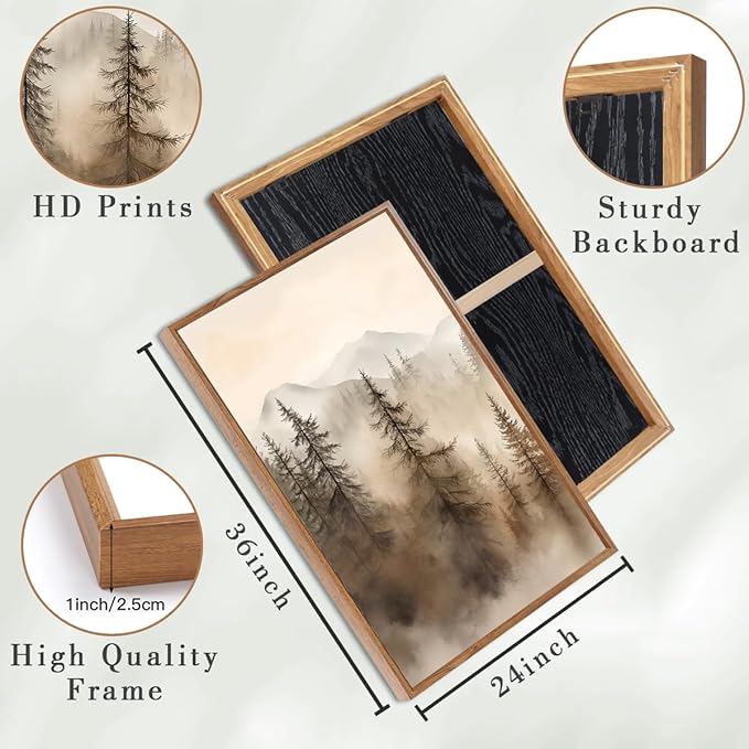 IARTTOP Extra Large Mountain Canvas Wall Art 24x36 Inch Framed Forest Woodland Art Prints Abstract Modern Farmhouse Wall Decor Set of 3 for Living room Dining room Bedroom