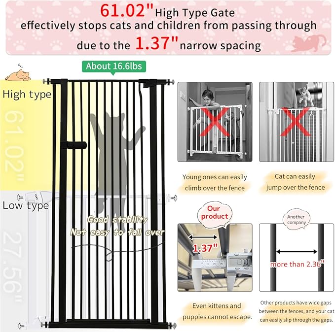 Lumizone Extra Tall Cat Gate 61.02" High Pressure Mounted Extra Wide 2025 New (17 Sizes) 1.37" Gap No Drilling Auto-Close One-Handed Operation Tall Pet Gate for Dogs(Black, 61.02" H x 50.98"-55.11" W)