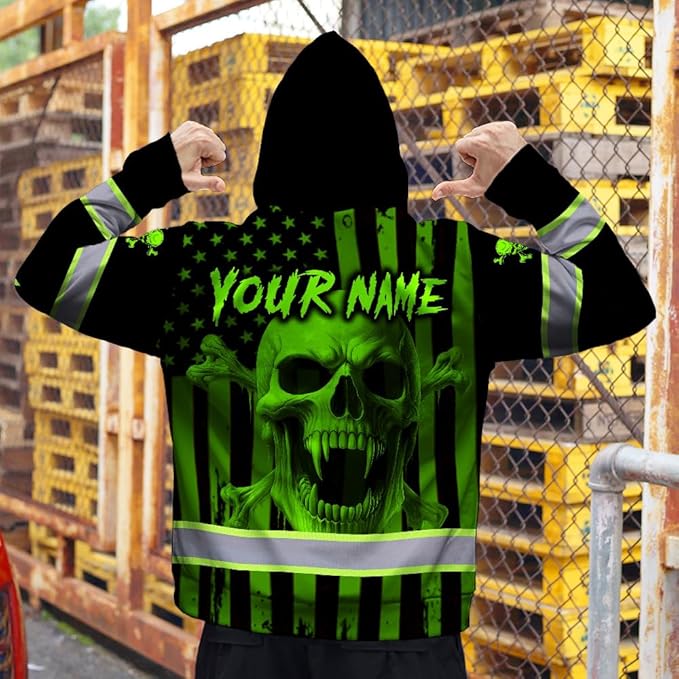 Matedecor Skull US Flag Reflective High Visibility Hoodie For Men Construction Hi Vis Safety Workwear Custom Name