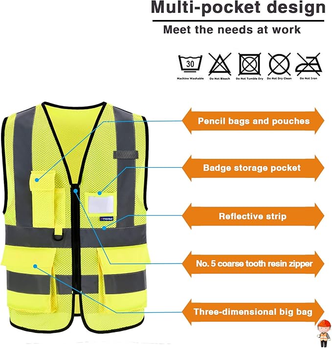 A-SAFETY Hi Reflective Safety Vest,Hi Vis Bright Neon Colors Safety Vest with 4 Reflective Strips 7 Pockets(Yellow Small)