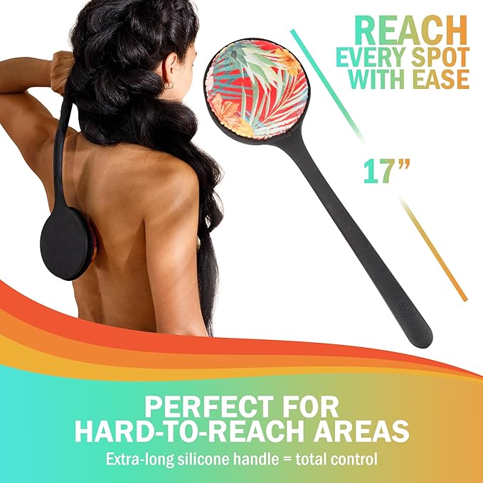 Self Tanning Lotion Applicator for Back – 17" Ergonomic Silicone Handle for Hard-to-Reach Areas – Self Tanner Back Applicator Pad + Exfoliating Pad for Smooth, Even Application