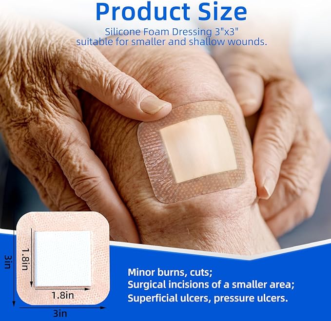 Silicone Foam Dressing 3 x 3 in (7.5x7.5 cm)- Ultra Soft Wound Dressing for Minor Surgical Incisions, Abrasions and Blisters, Waterproof Silicone Bandages for Sensitive Skin Wound Care(10 Pcs)